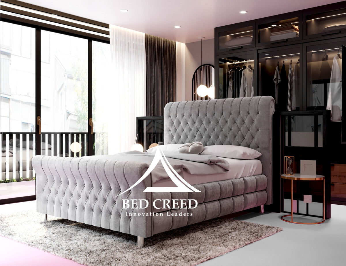 Joyce Upholstered Chesterfield Sleigh Bed Bed Creed